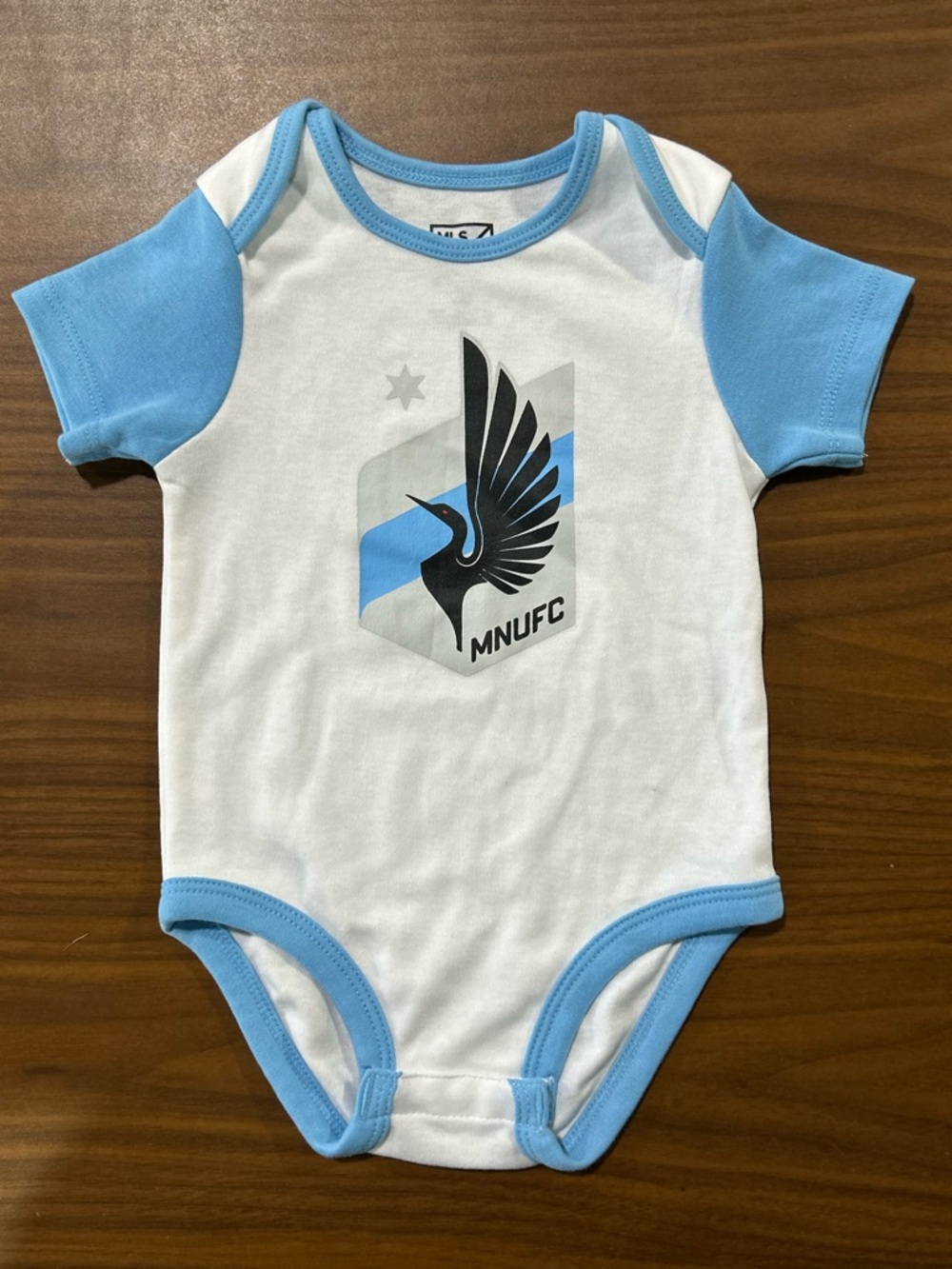 MNUFC Baby One-Piece Bodysuit in White and Light Blue